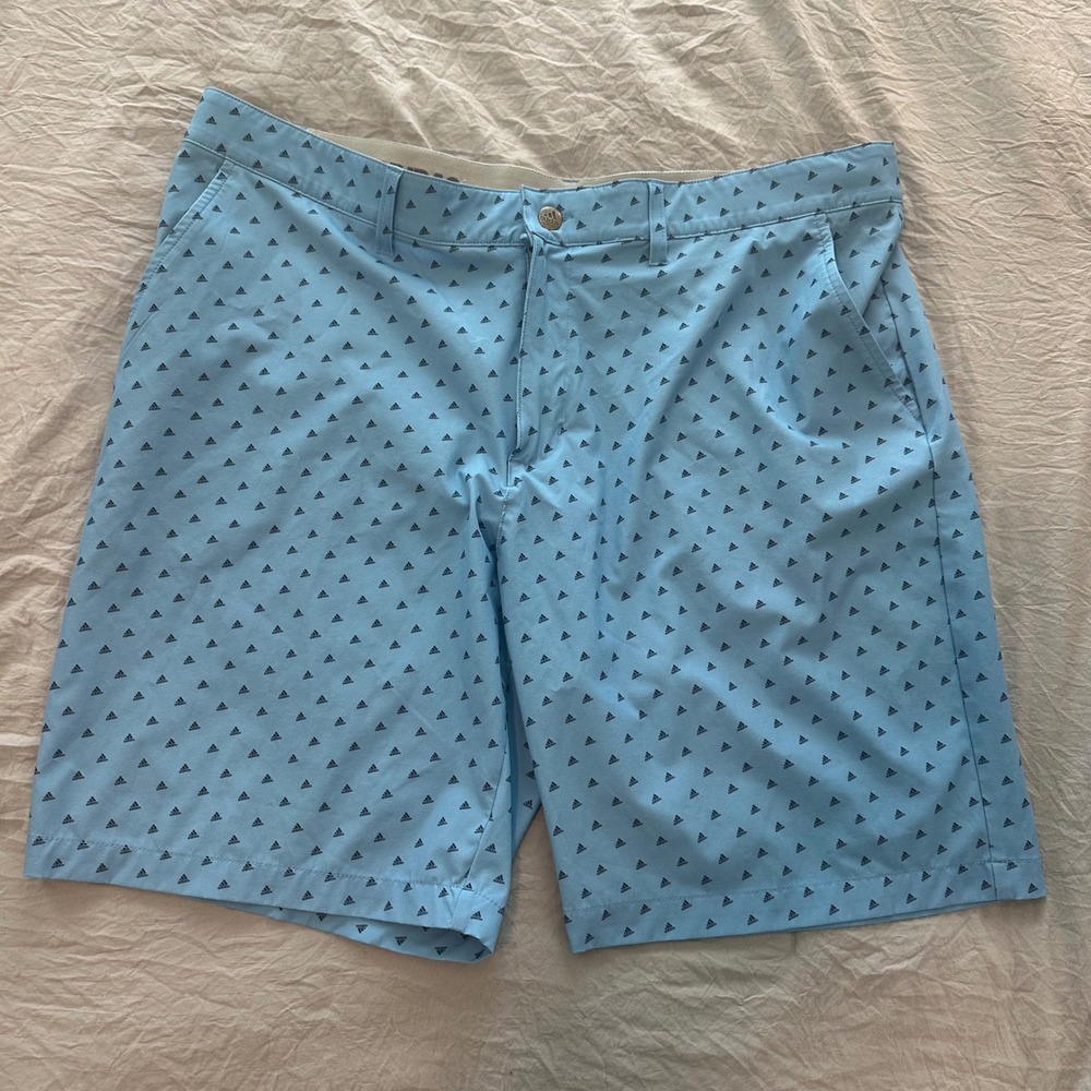 Adidas Golf Shorts Mens 38 Light Blue All Over Triangle Logo Print Performance